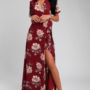 Burgundy floral floor-length wrap dress